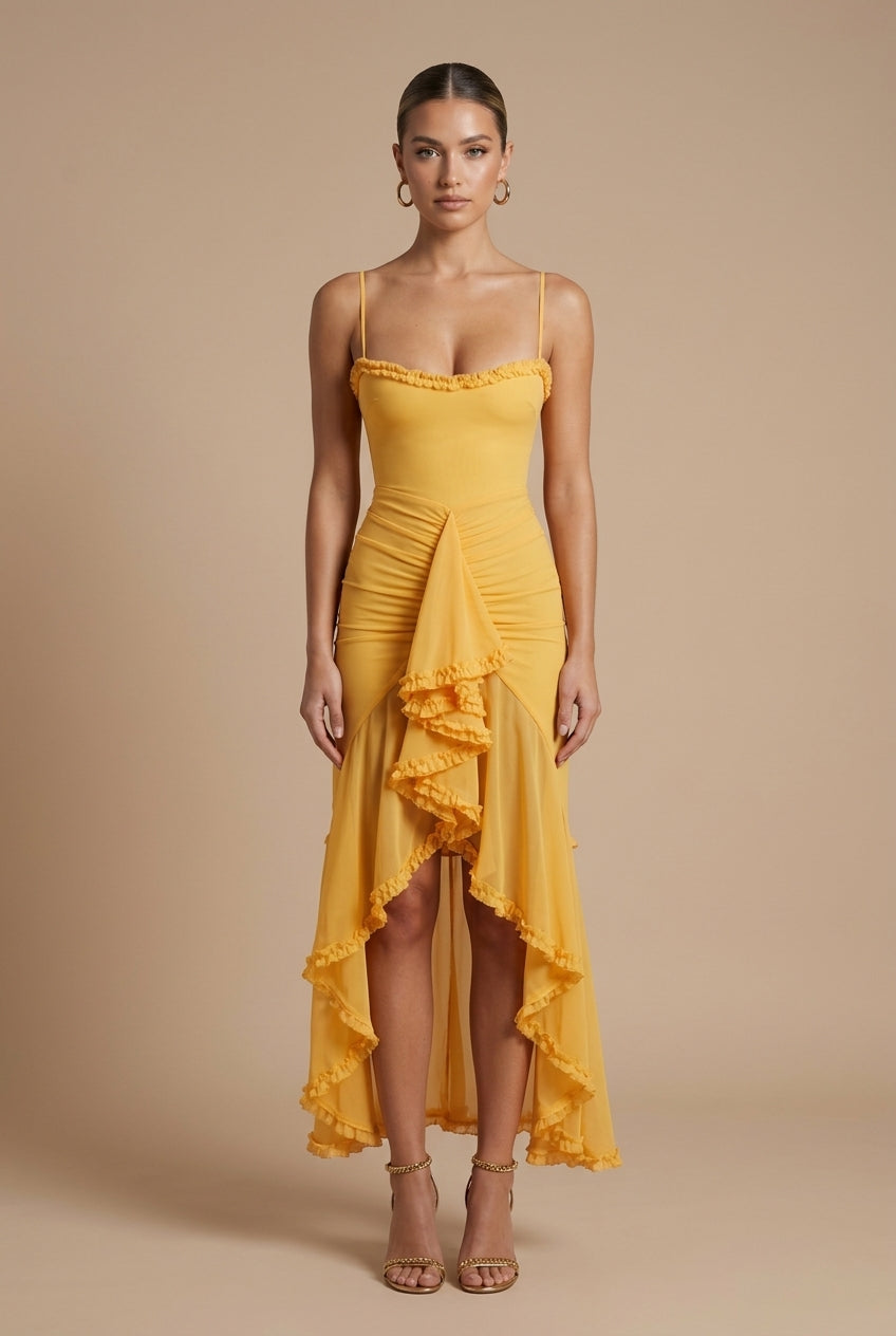 Ruched Spaghetti Strap Maxi Dress Ruffle Trim High-Low Hem Bodycon Evening Dress