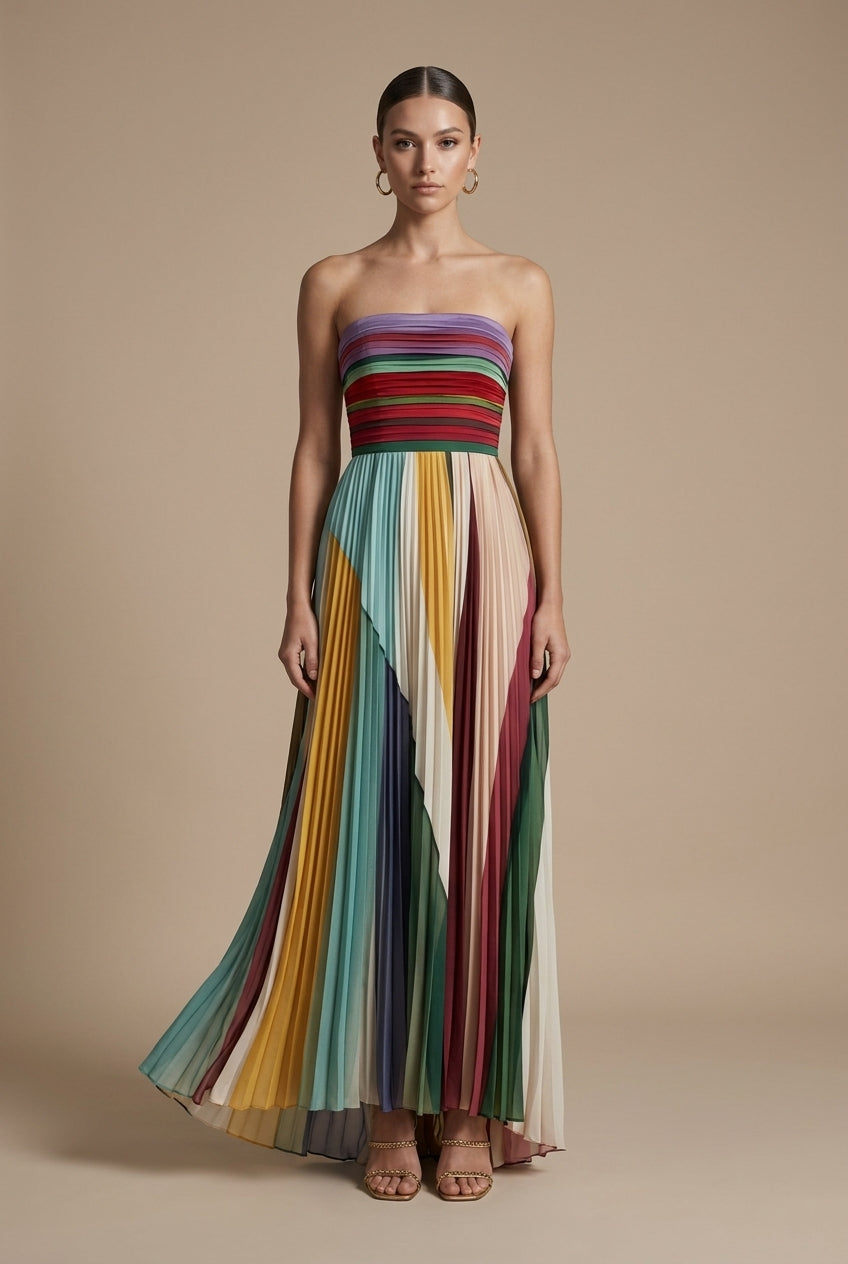 Strapless Striped Pleated Maxi Dress with Smocked Bodice and Asymmetric Hem
