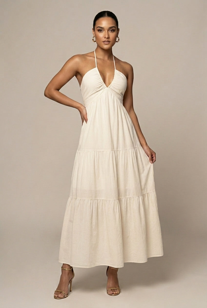 Women's Halter Neck Maxi Dress with Tiered Ruffle Skirt and Open Back Tie Waist