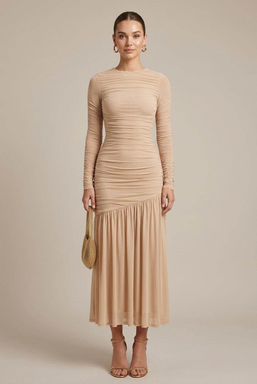 Long Sleeve Ruched Drop Waist Maxi Dress with Fluted Skirt and Crew Neckline