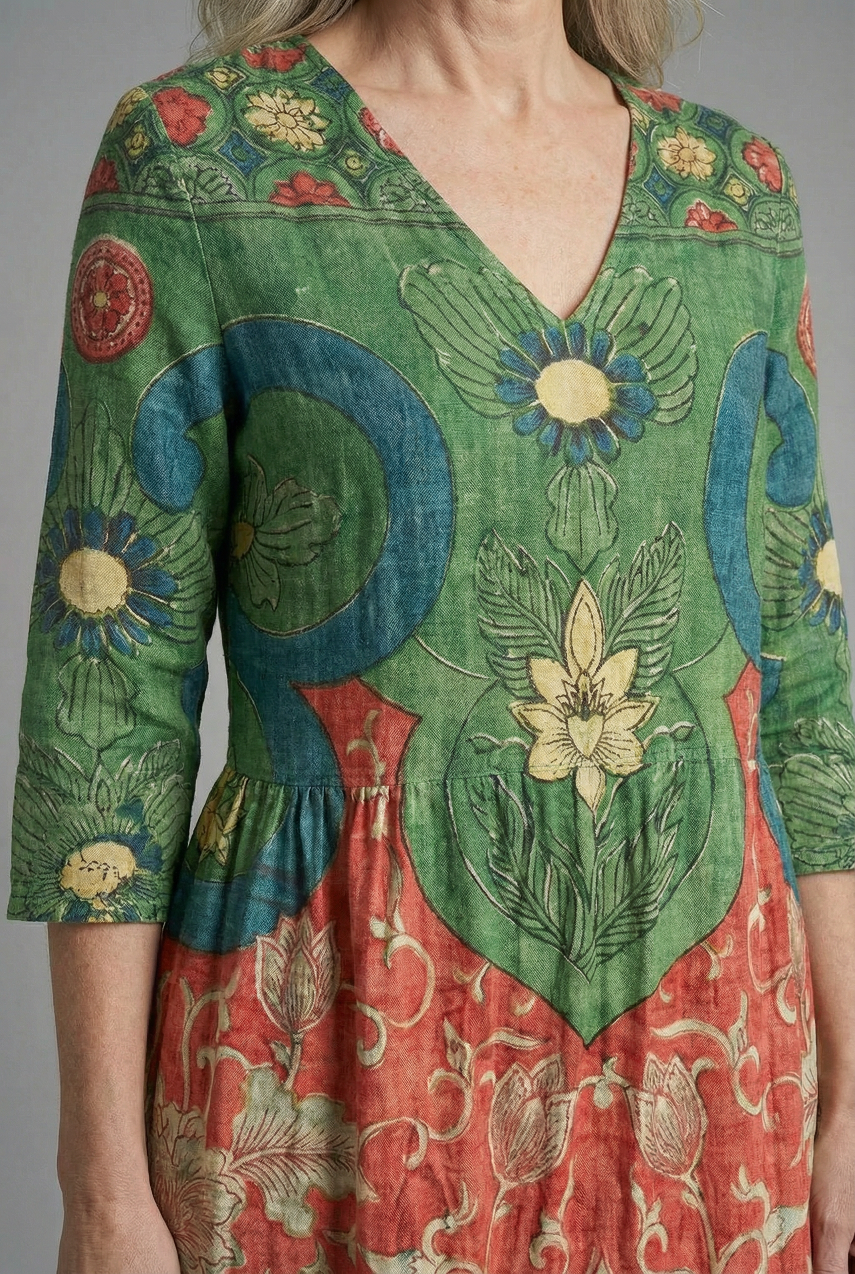 Boho Maxi Dress with V-Neck Floral Print and Three-Quarter Sleeves