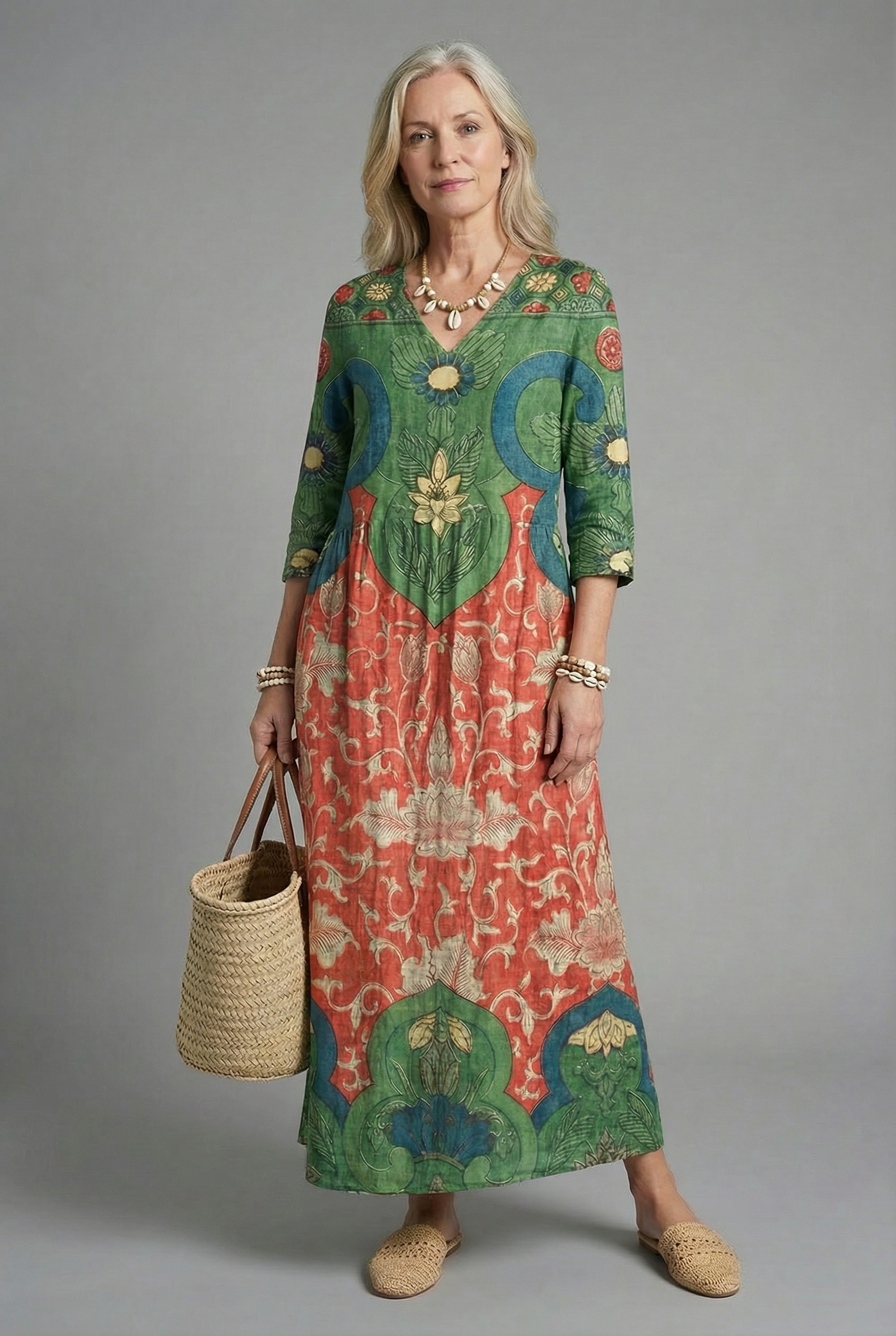 Boho Maxi Dress with V-Neck Floral Print and Three-Quarter Sleeves