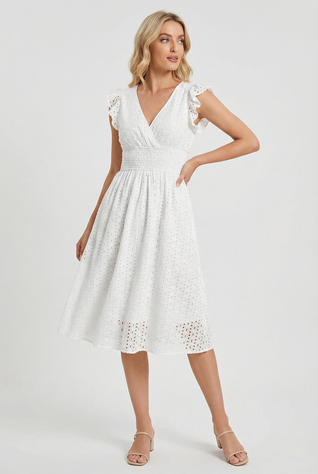 Women's midi dress - flared eyelet summer dress with ruffled sleeves | casual