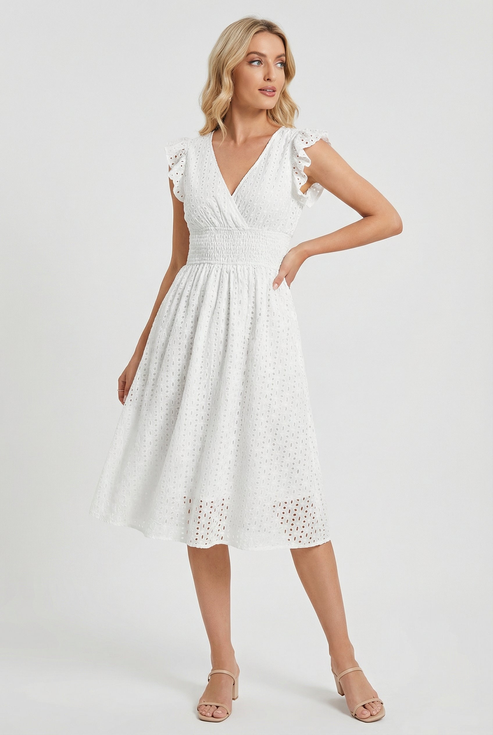 Women's midi dress - flared eyelet summer dress with ruffled sleeves | casual