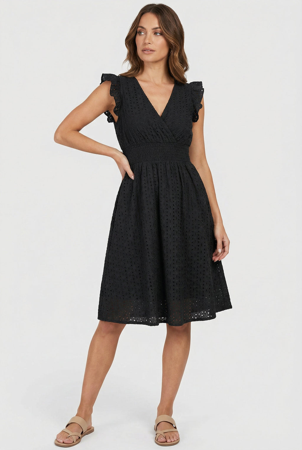 Women's midi dress - flared eyelet summer dress with ruffled sleeves | casual