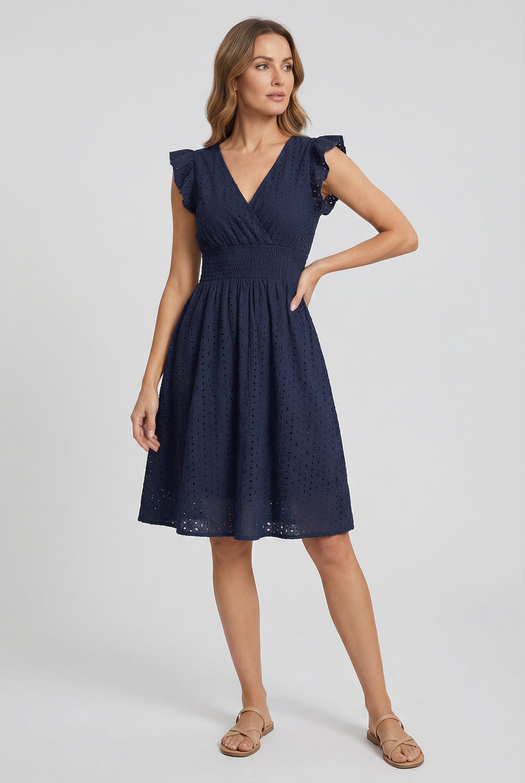 Women's midi dress - flared eyelet summer dress with ruffled sleeves | casual