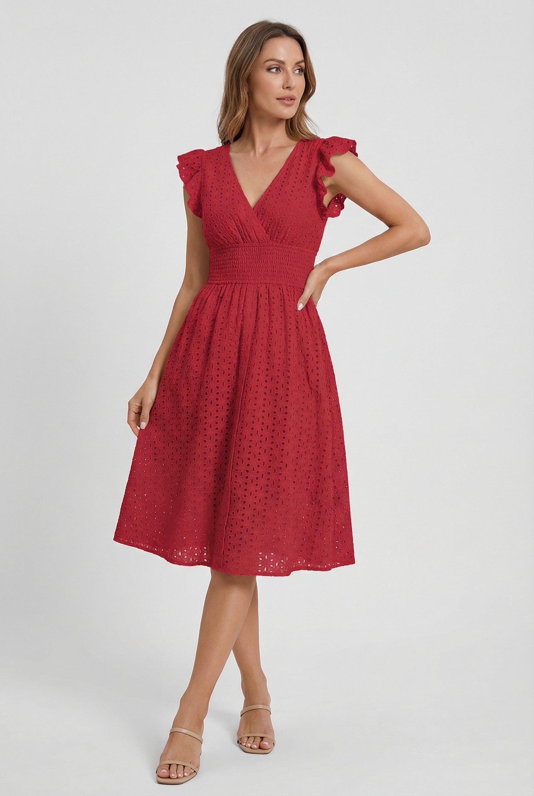 Women's midi dress - flared eyelet summer dress with ruffled sleeves | casual