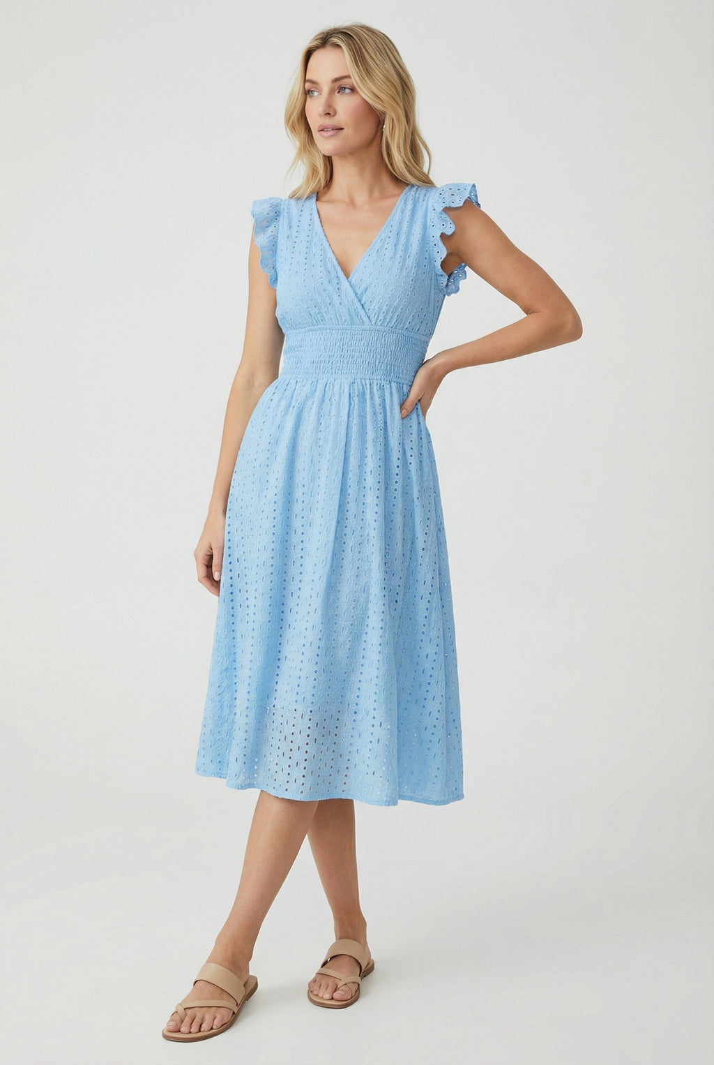 Women's midi dress - flared eyelet summer dress with ruffled sleeves | casual