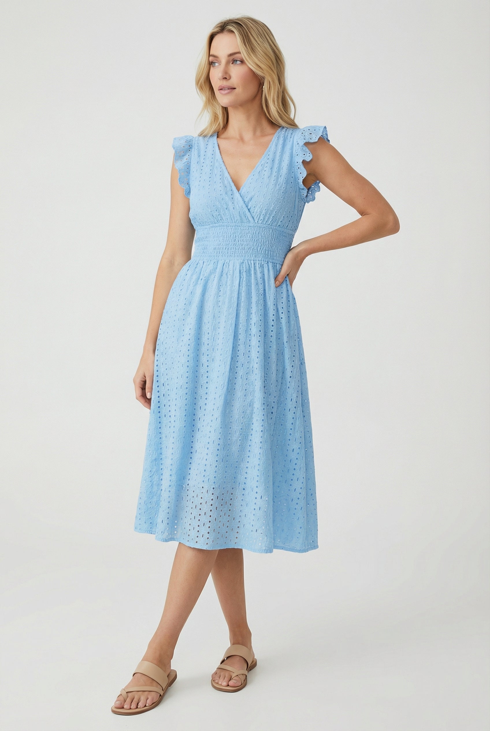 Women's midi dress - flared eyelet summer dress with ruffled sleeves | casual