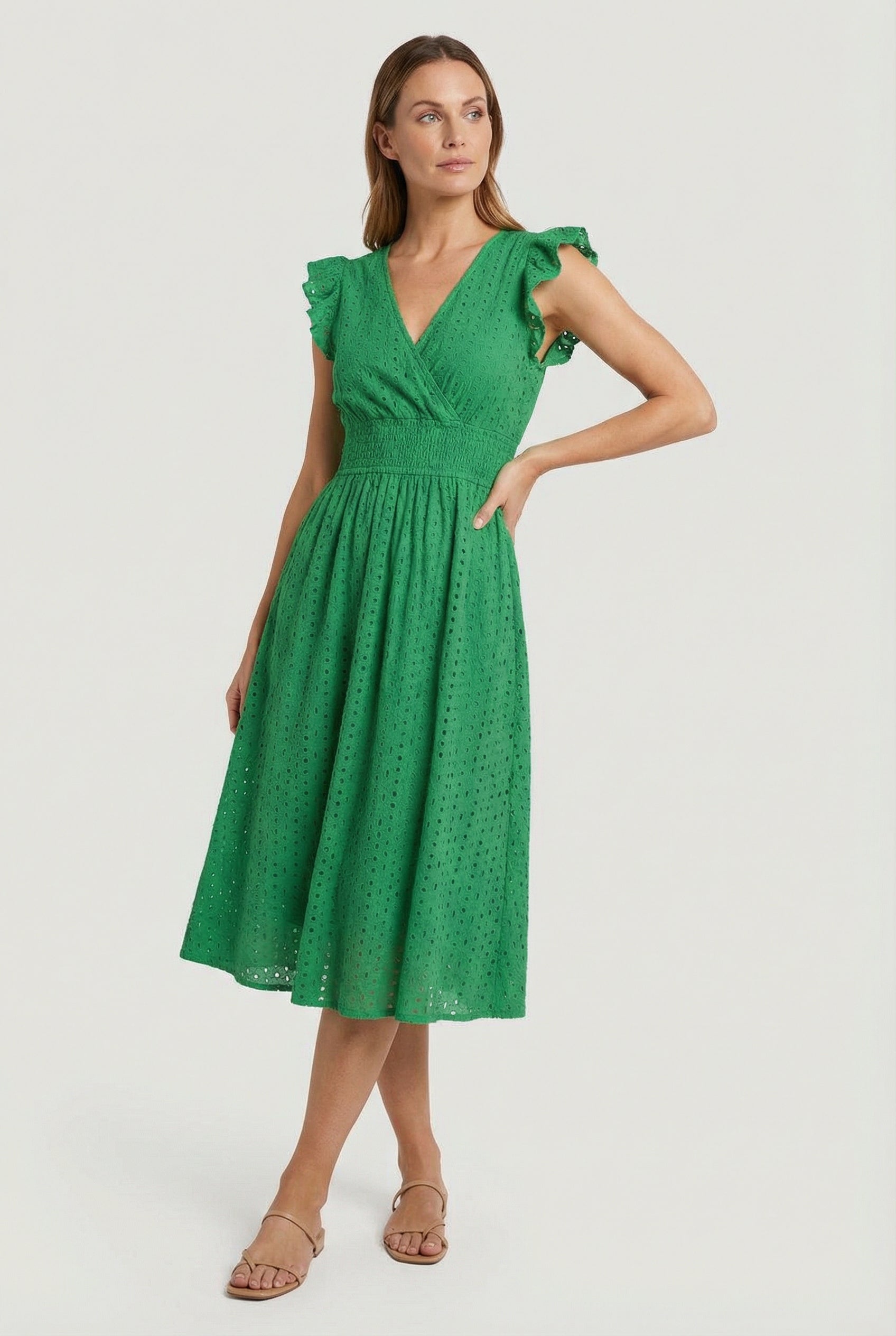 Women's midi dress - flared eyelet summer dress with ruffled sleeves | casual