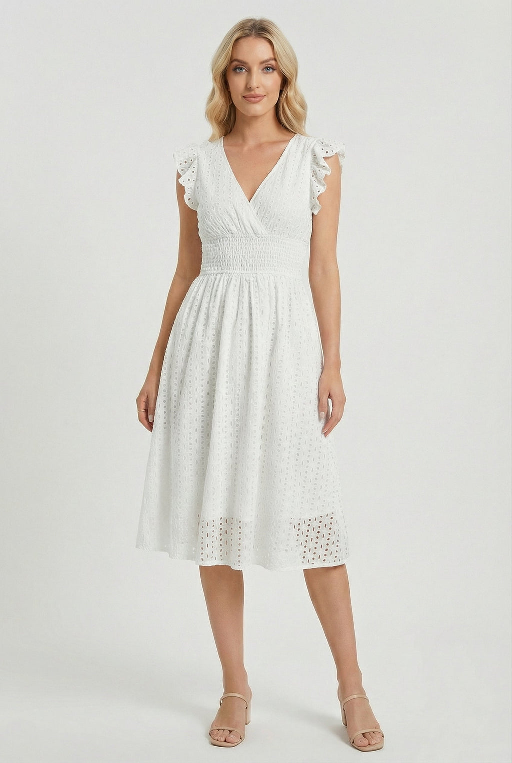 Women's midi dress - flared eyelet summer dress with ruffled sleeves | casual