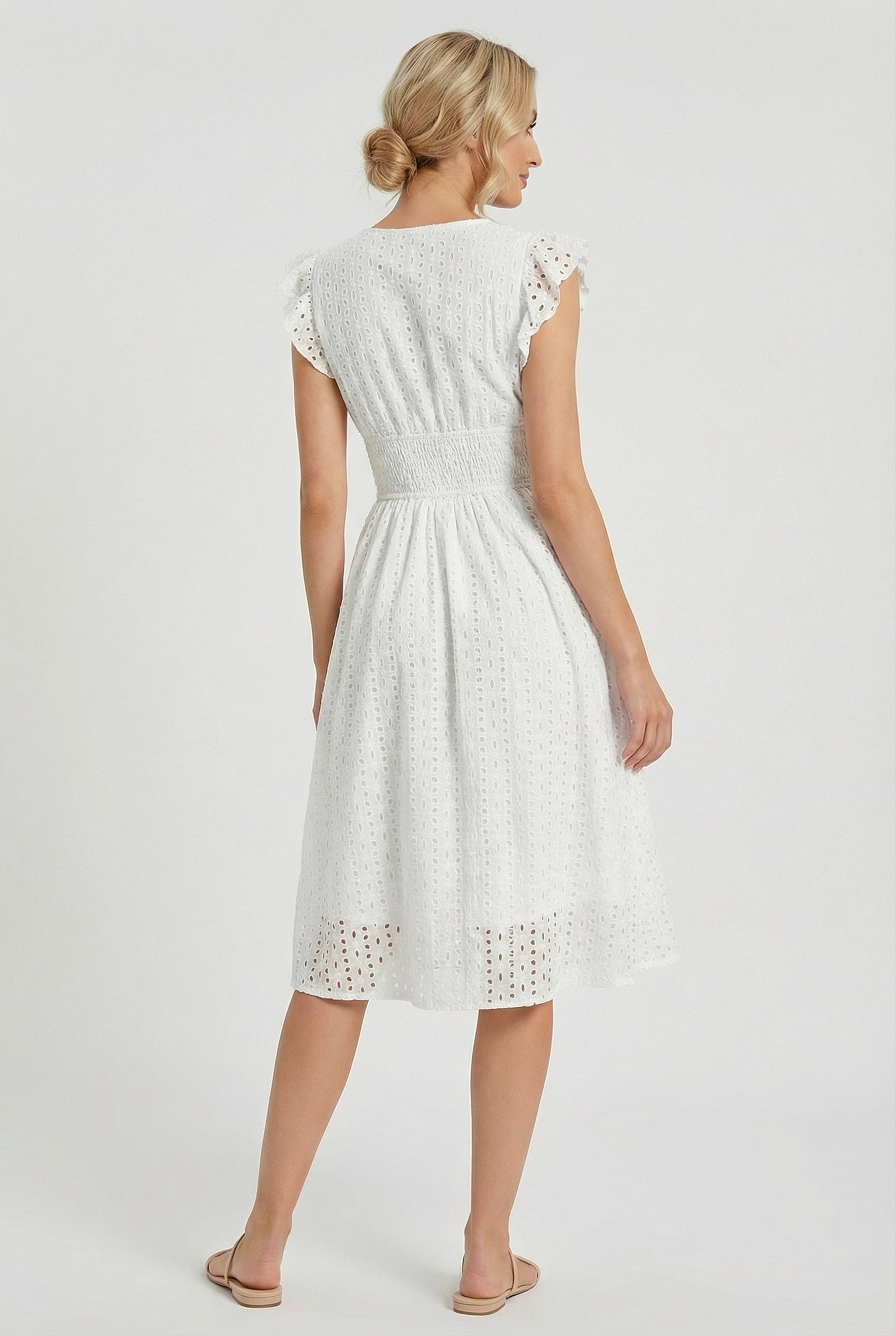 Women's midi dress - flared eyelet summer dress with ruffled sleeves | casual
