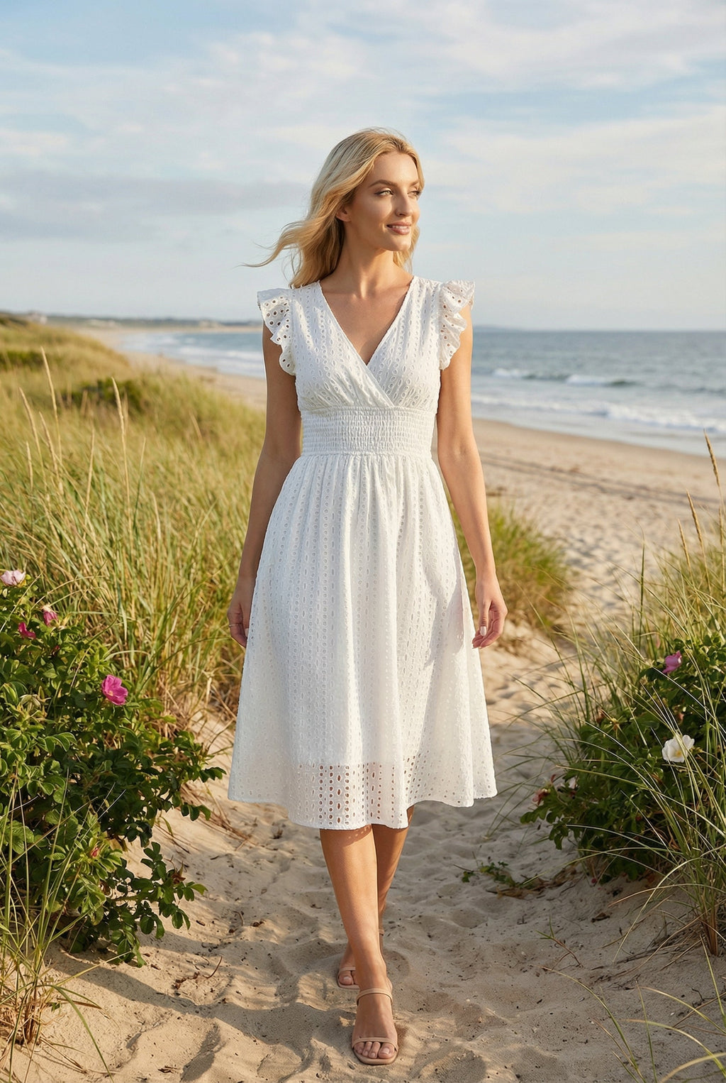 Women's midi dress - flared eyelet summer dress with ruffled sleeves | casual