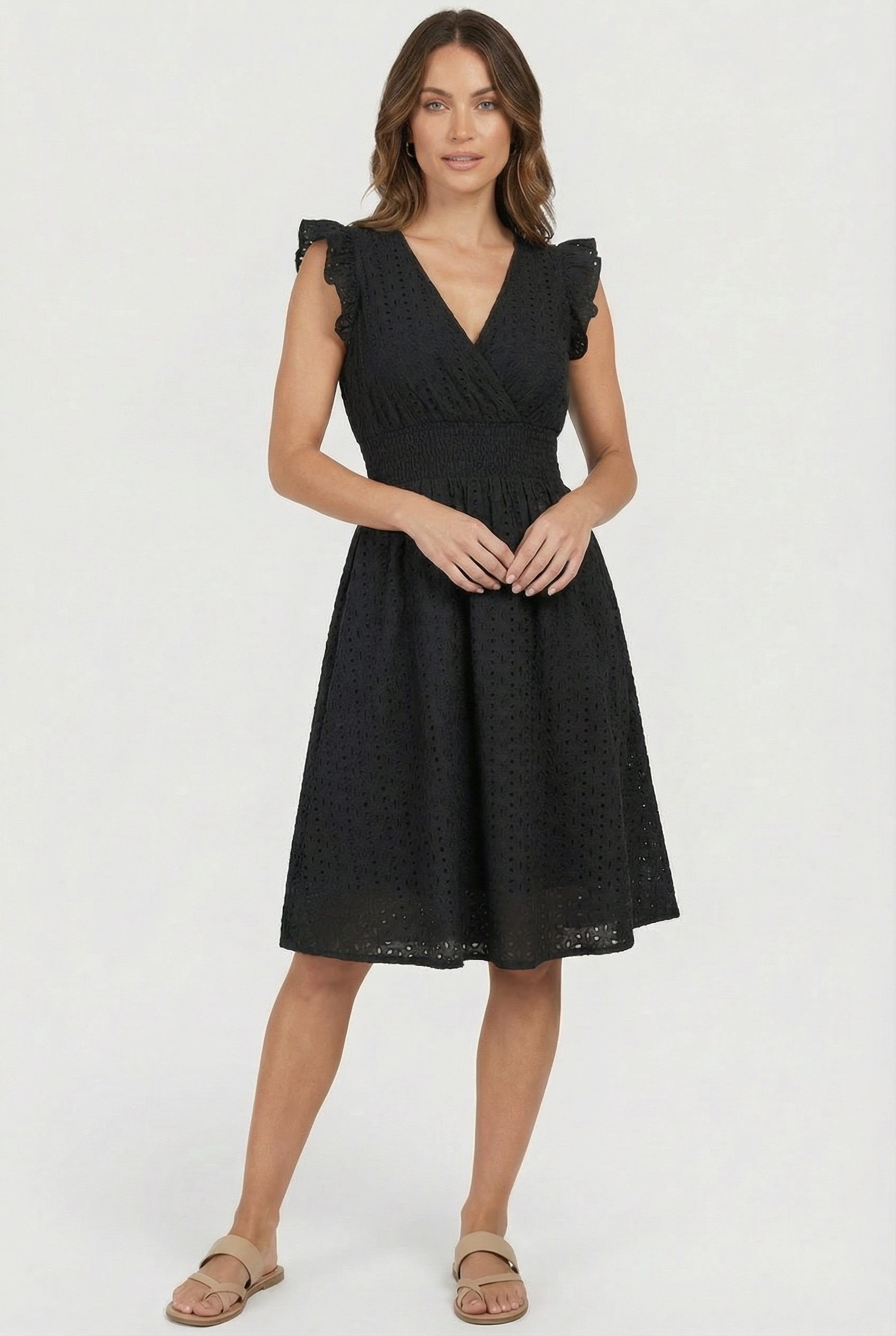 Women's midi dress - flared eyelet summer dress with ruffled sleeves | casual