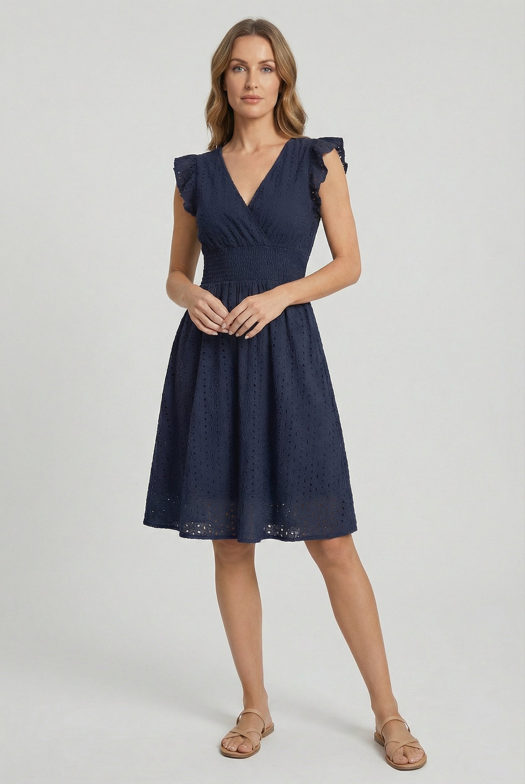 Women's midi dress - flared eyelet summer dress with ruffled sleeves | casual