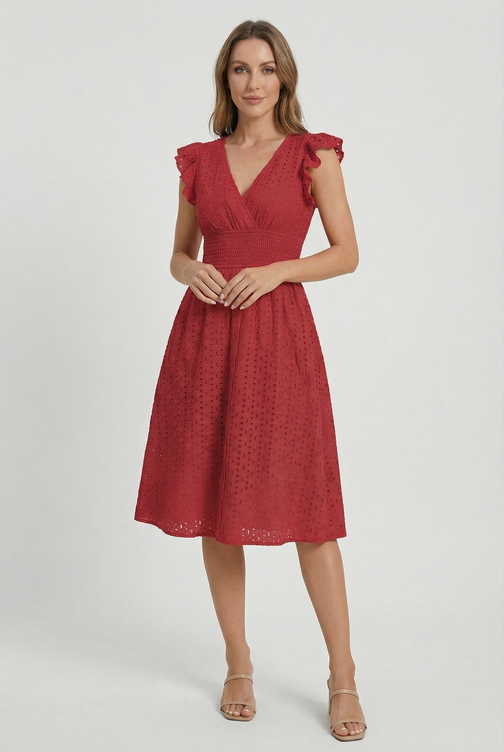 Women's midi dress - flared eyelet summer dress with ruffled sleeves | casual