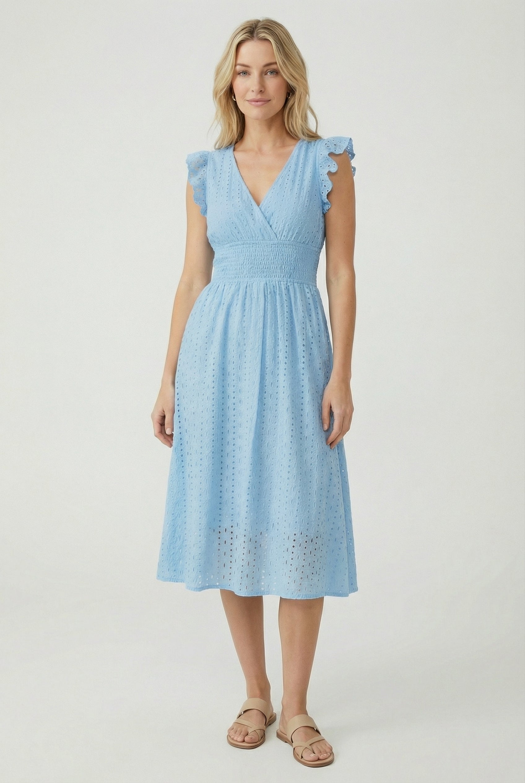 Women's midi dress - flared eyelet summer dress with ruffled sleeves | casual