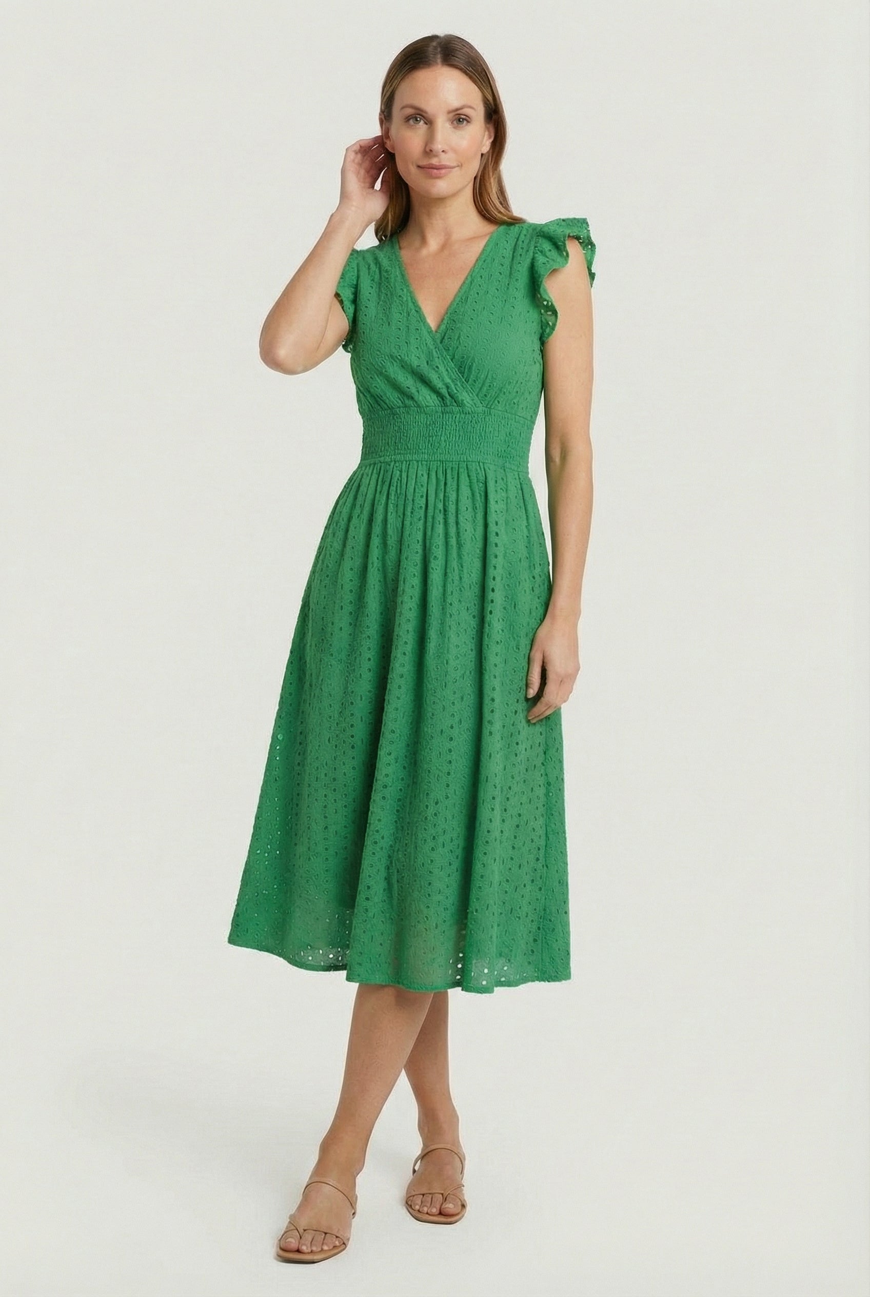 Women's midi dress - flared eyelet summer dress with ruffled sleeves | casual