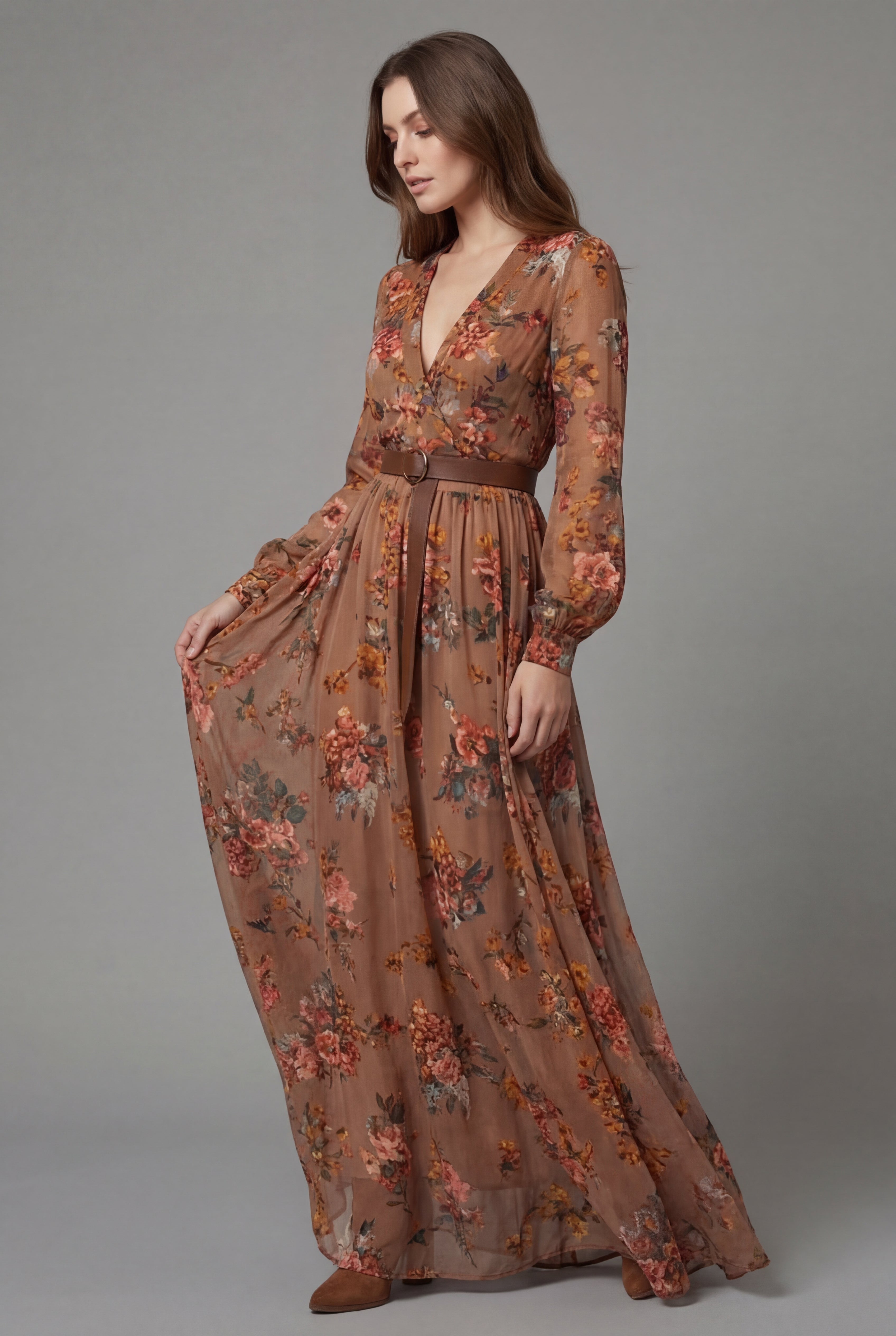 Bohemian Floral Long Sleeve Maxi Dress with Belted Waist and V-Neckline