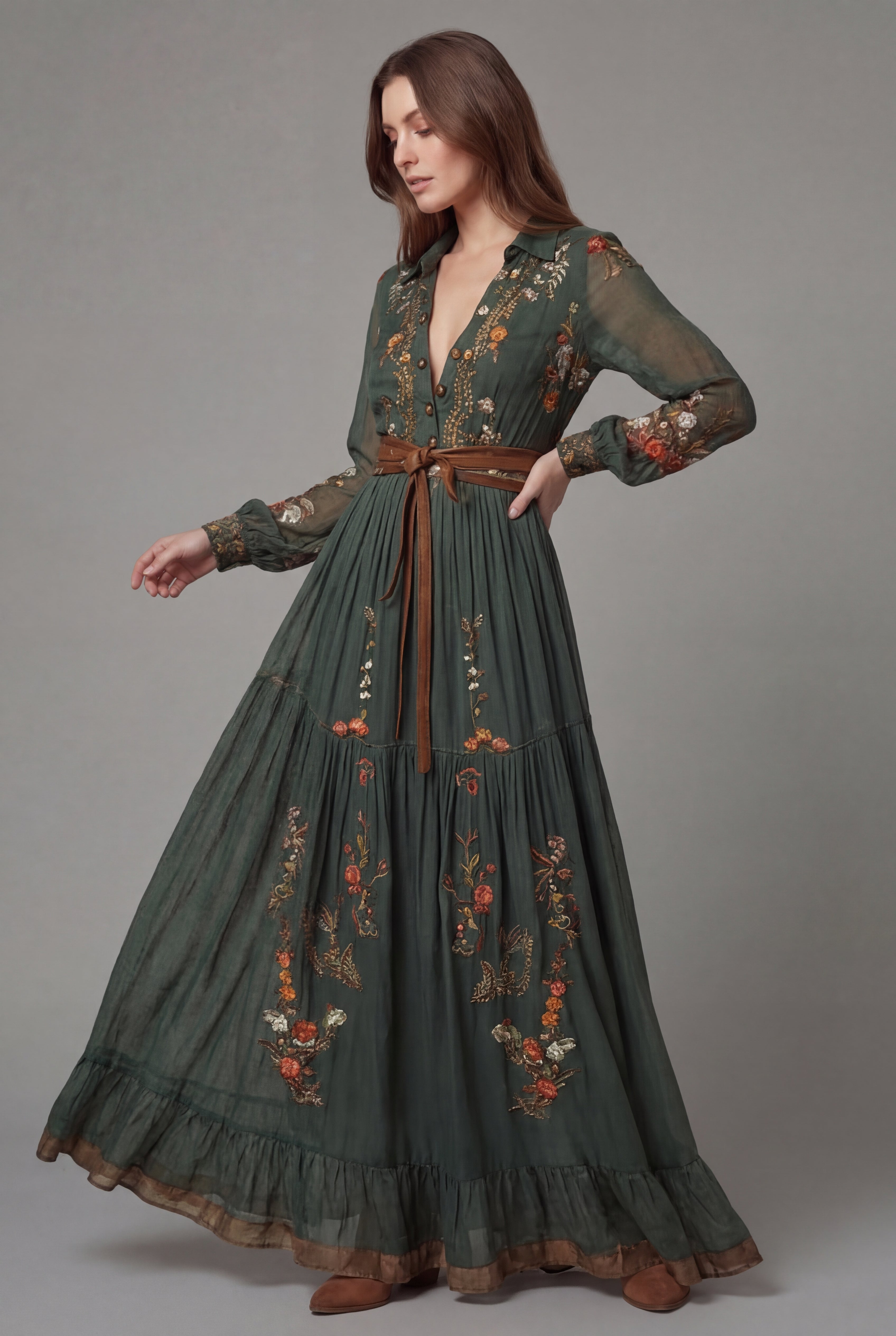 Bohemian Floral Long Sleeve Maxi Dress with Belted Waist and V-Neckline