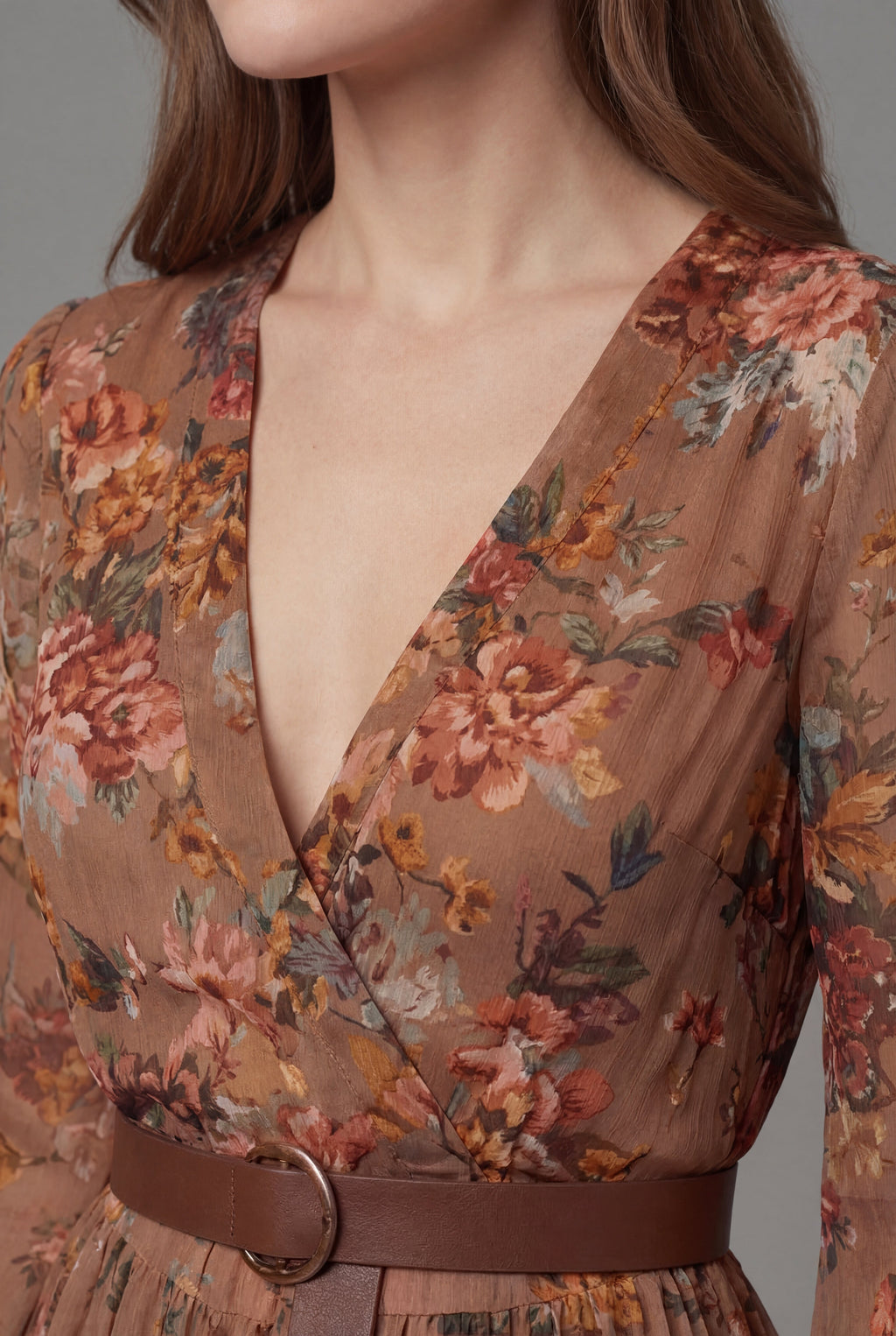 Bohemian Floral Long Sleeve Maxi Dress with Belted Waist and V-Neckline