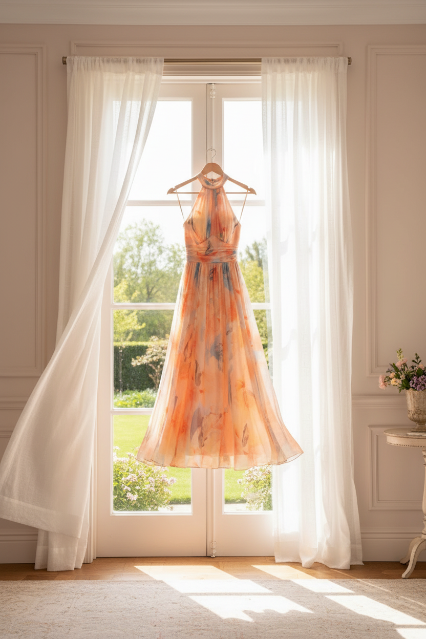 Floral Halter Neck Maxi Dress Chiffon Open Back Cross-Wrap Waist Flowy Wedding Guest