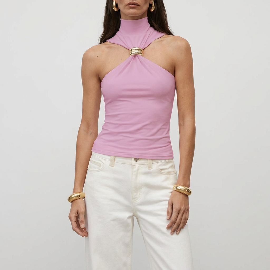 Women's high neck halter top | sleeveless blouse with metal detail