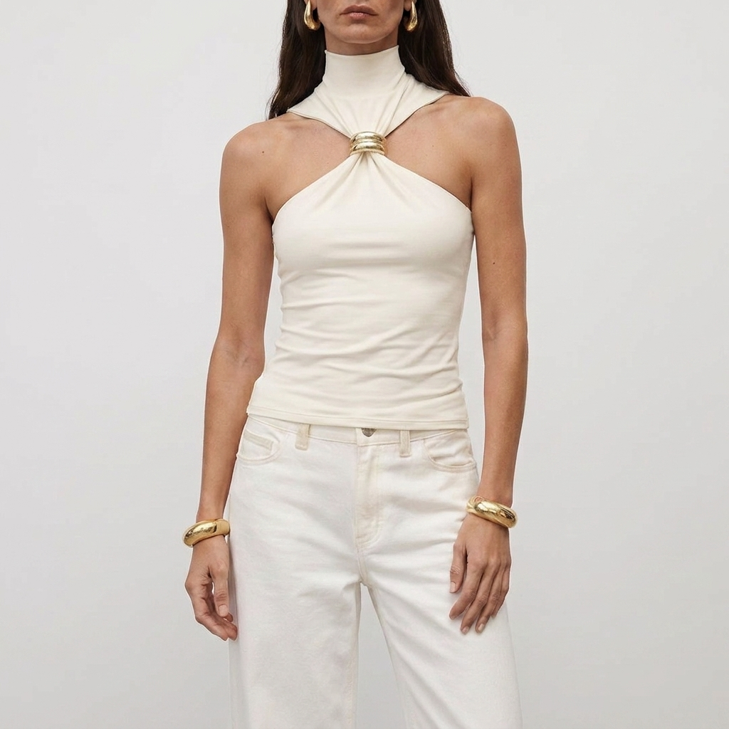 Women's high neck halter top | sleeveless blouse with metal detail