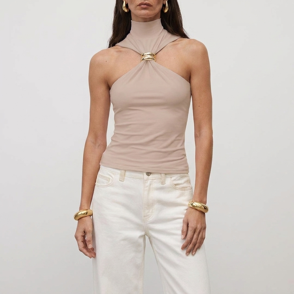 Women's high neck halter top | sleeveless blouse with metal detail