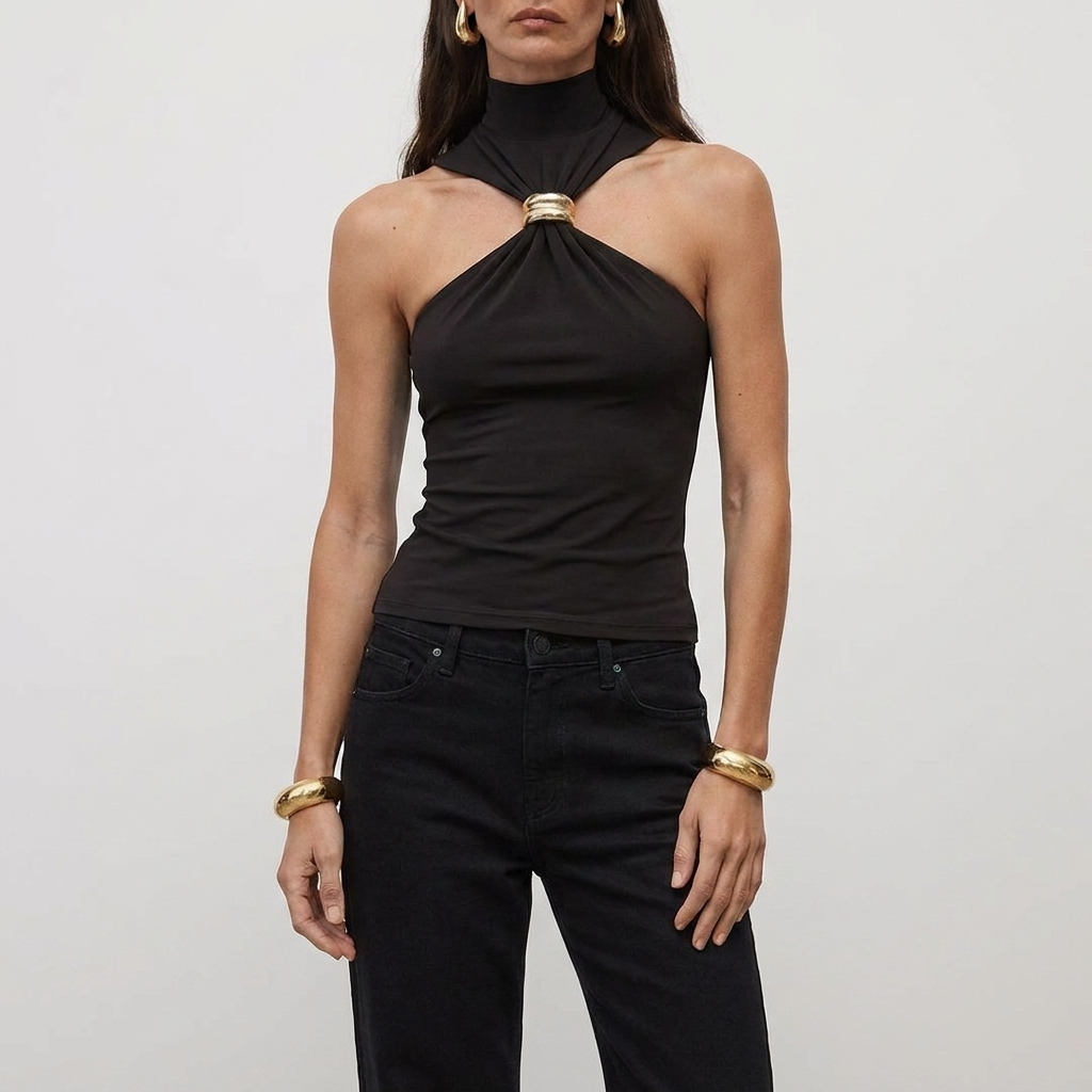 Women's high neck halter top | sleeveless blouse with metal detail