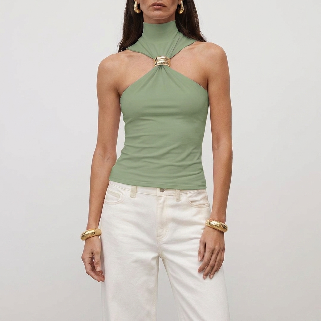 Women's high neck halter top | sleeveless blouse with metal detail