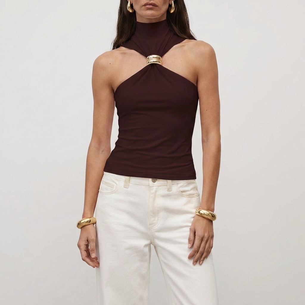 Women's high neck halter top | sleeveless blouse with metal detail