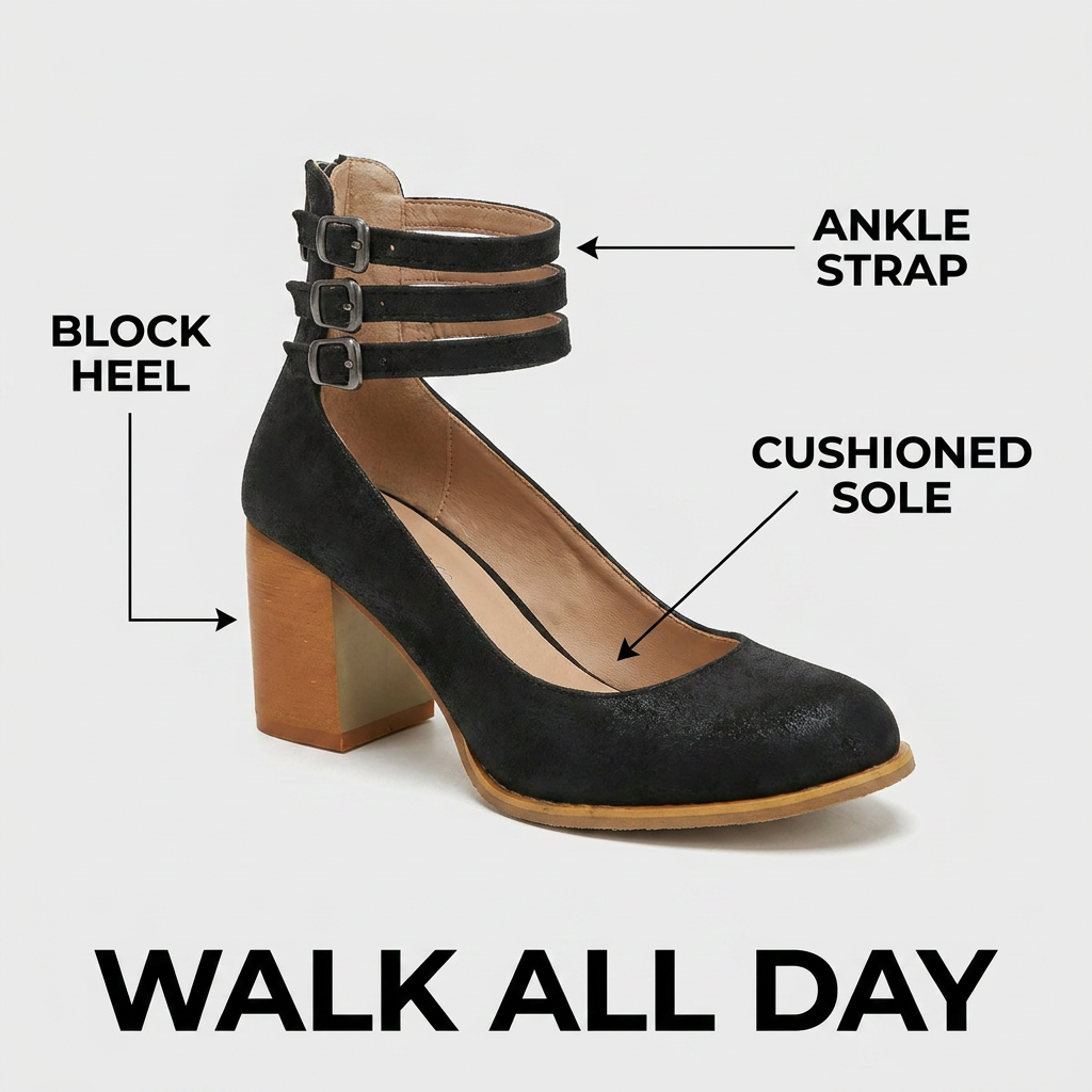 Women’s triple strap block heels — synthetic leather office footwear