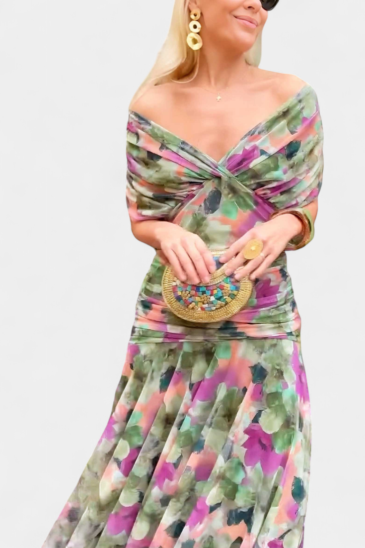 Floral midi gown | V-neck long dress for formal occasions