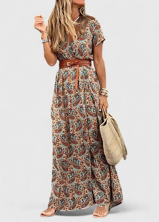 Women's V-Neck Boho Maxi Dress Short Sleeve Side Slit Flowing Floral Holiday Gown