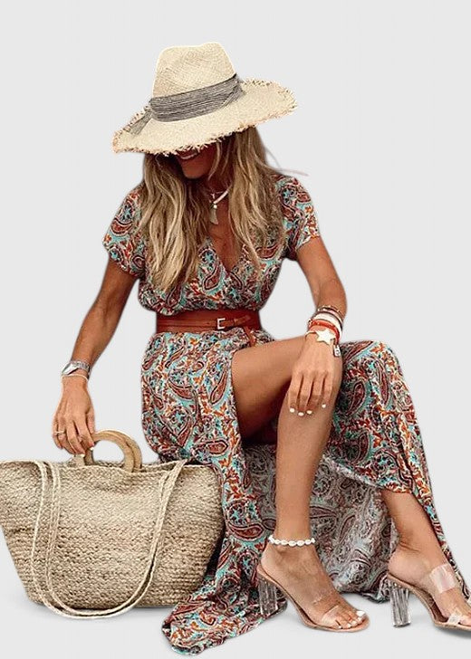 Women's V-Neck Boho Maxi Dress Short Sleeve Side Slit Flowing Floral Holiday Gown