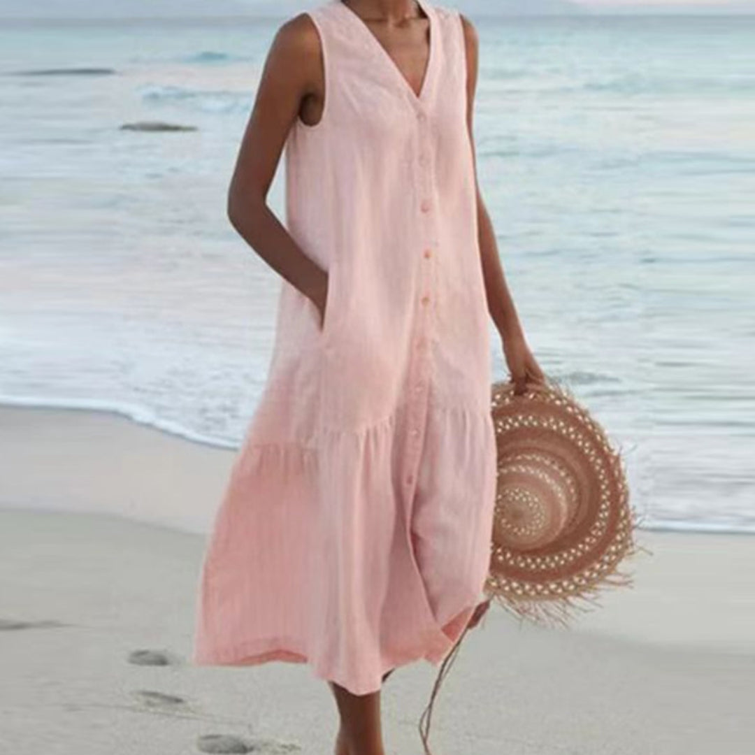 Sleeveless Linen Midi Shirt Dress