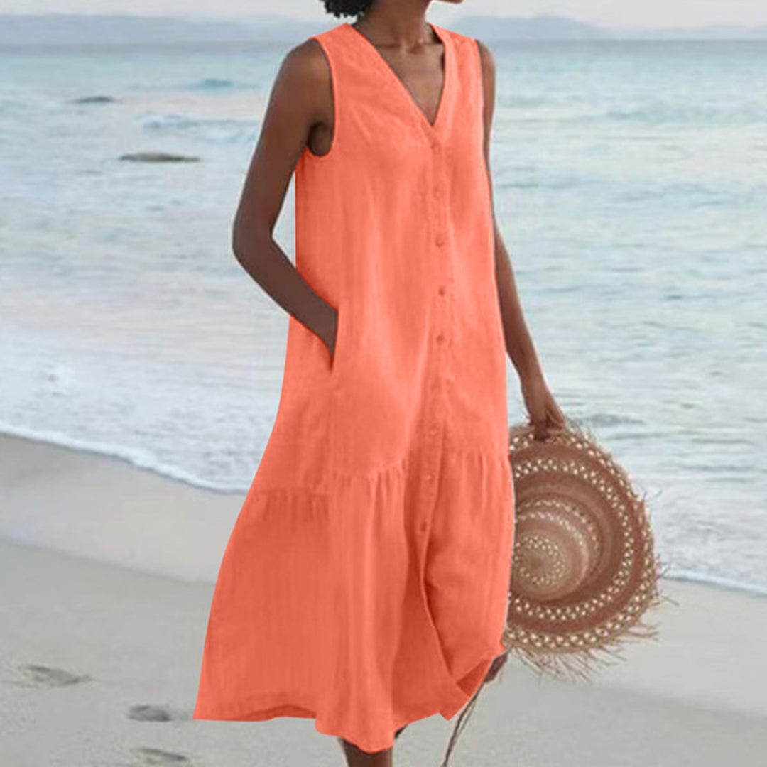 Sleeveless Linen Midi Shirt Dress