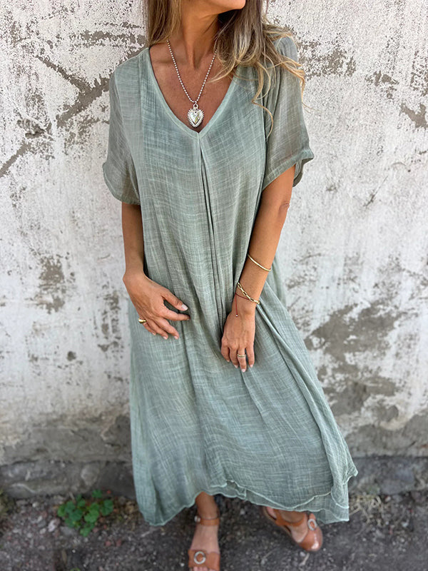 Women's kimono midi dress in linen with a V-neck — casual daily
