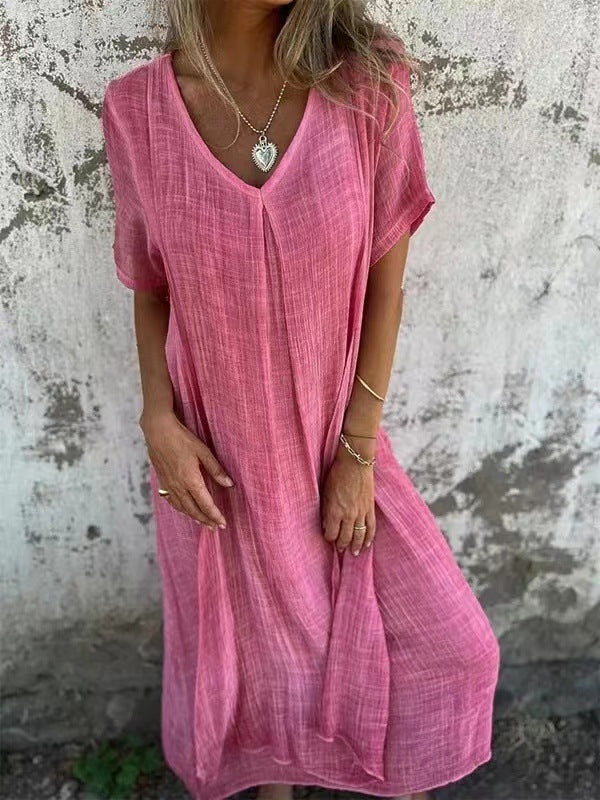 Women's kimono midi dress in linen with a V-neck — casual daily