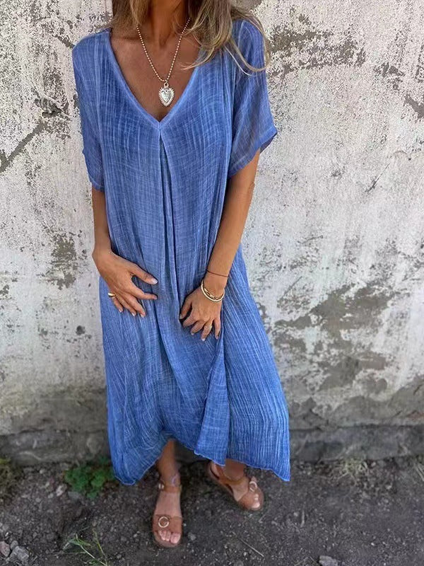 Women's kimono midi dress in linen with a V-neck — casual daily