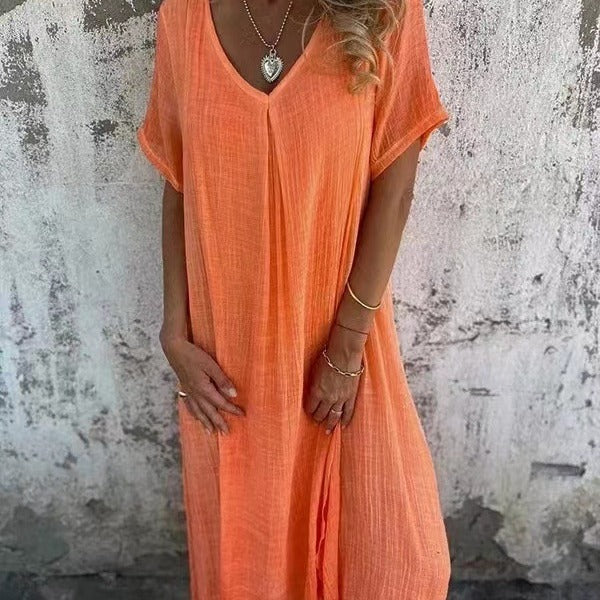 Women's kimono midi dress in linen with a V-neck — casual daily