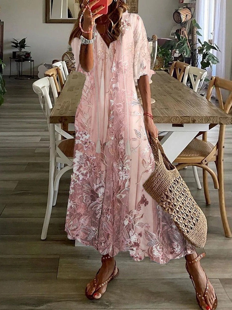 Floral print gown - split neck half sleeves summer garden parties