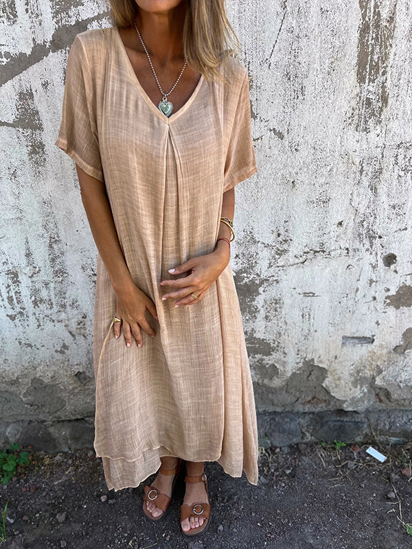 Women's kimono midi dress in linen with a V-neck — casual daily