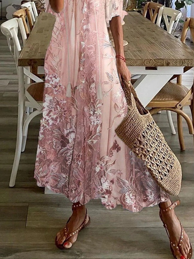Floral print gown - split neck half sleeves summer garden parties