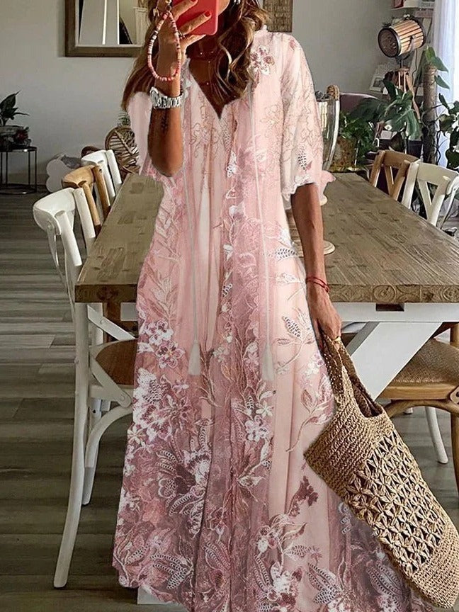 Floral print gown - split neck half sleeves summer garden parties