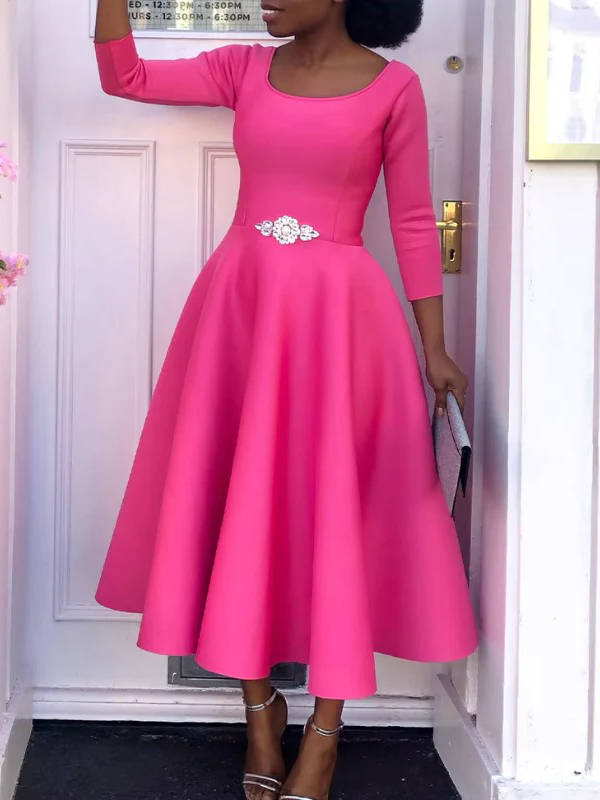 A-Line Midi Wedding Guest Dress Three Quarter Sleeve Round Neck Formal Flare Apparel