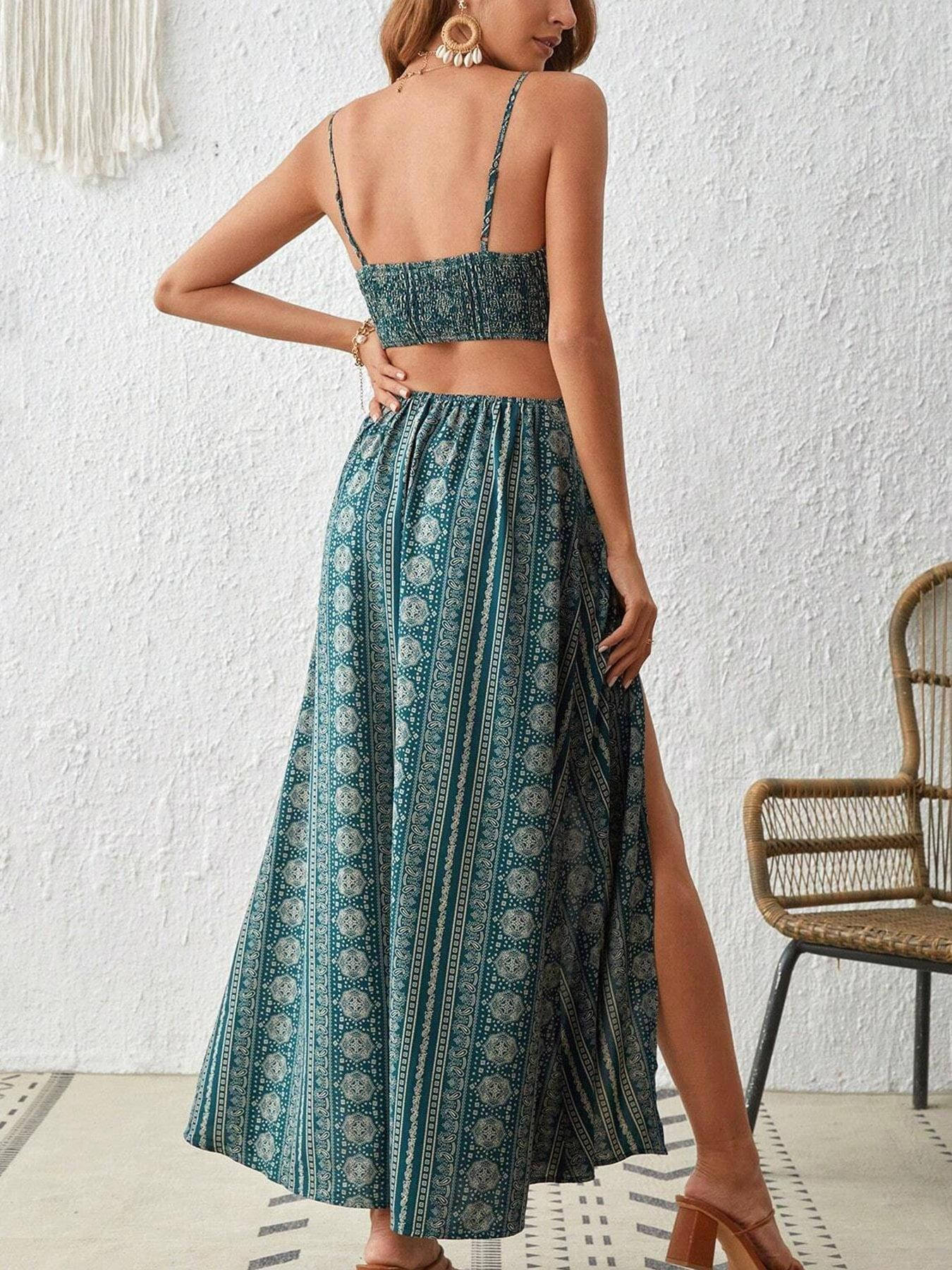 Boho Printed Maxi Sundress with Smocked Back Adjustable Straps and High Side Slits