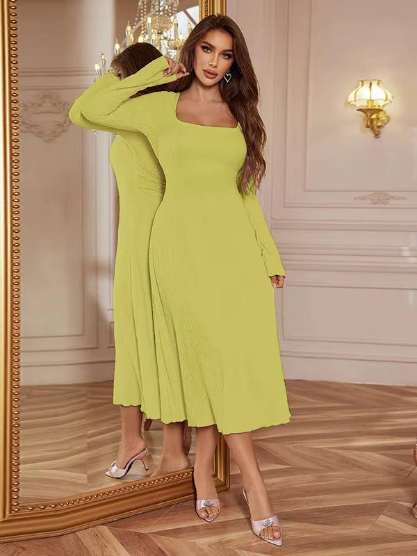 Square Neck Ribbed Knit Maxi Dress with Flounce Sleeves and Adjustable Tie Back