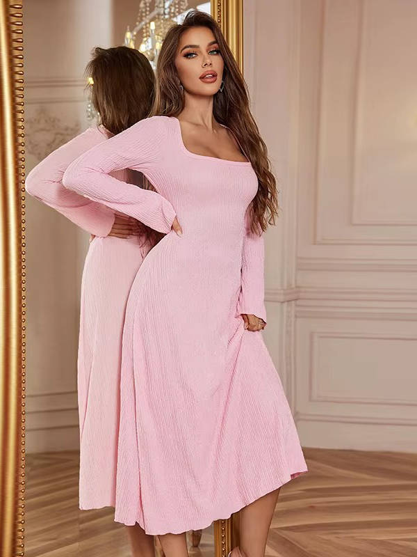 Square Neck Ribbed Knit Maxi Dress with Flounce Sleeves and Adjustable Tie Back